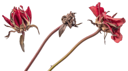 Three dried red roses, showcasing their wilted beauty and natural decay.