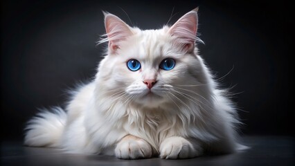 Obraz premium Cute white cat, blue eyes, panoramic black backdrop.