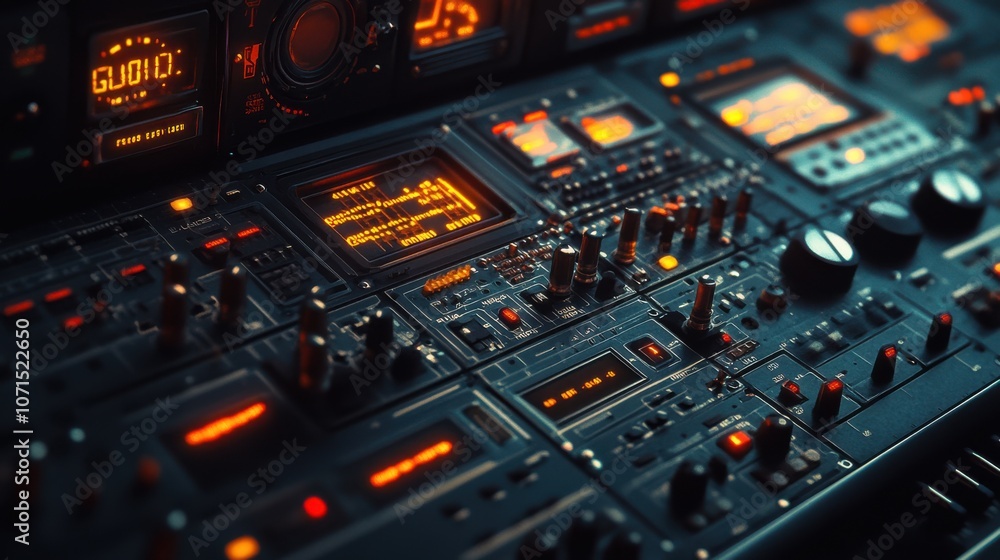 Poster a high-resolution image of an effects processor with dials and displays glowing in a dark room, conv
