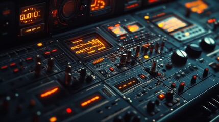 Obraz premium A high-resolution image of an effects processor with dials and displays glowing in a dark room, conveying precision in sound design, audio equipment, sound engineering, audio effects