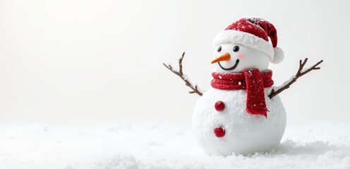 Fototapeta premium A snowman wearing a red hat and scarf in the snow