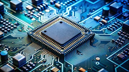Fototapeta premium A close-up view of a circuit board with a processor chip in the center, highlighting the intricate pathways and components.