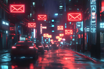 Fototapeta premium Illustration - Neon Email City Night Rain Cyberpunk