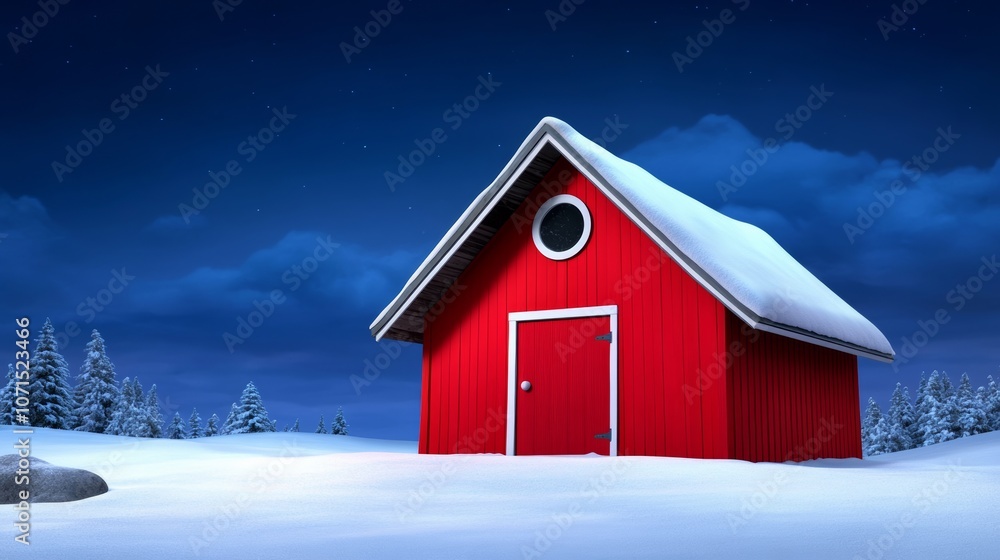 Poster red barn with a window sits in a snowy field