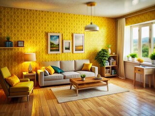 Empty Modern Living Room, Yellow Wall, Tilt-Shift, AI Photo