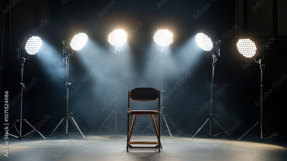 Poster a series of theater lights in a professional photography studio setup, aimed at an empty casting cha