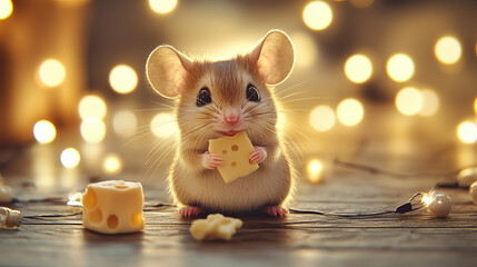 Cute little mouse eating cheese on a wooden table with a bokeh background