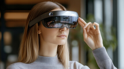 Woman exploring virtual reality with sleek headset in modern setting, AI