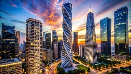 Obraz premium The image shows a cityscape with tall buildings, illuminated windows, traffic speeding down a road, and a vibrant orange sunset that reflects on the glass of the skyscrapers.