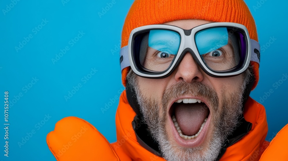 Poster man wearing orange goggles and a hat is smiling and making a funny face. the image has a lighthearte