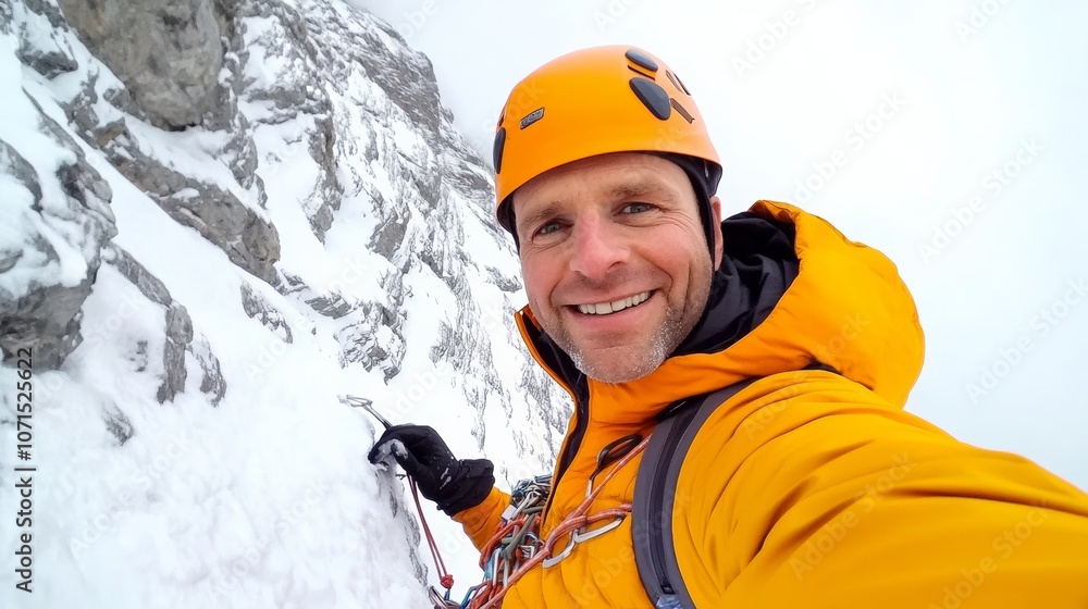 Poster Man in a yellow jacket is smiling and taking a selfie while climbing a mountain. Concept of adventure and excitement, as the man is enjoying the challenge of climbing the mountain