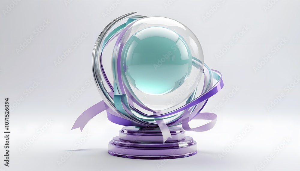 Poster abstract futuristic element featuring a glass sphere and delicate ribbons in pastel colors for moder