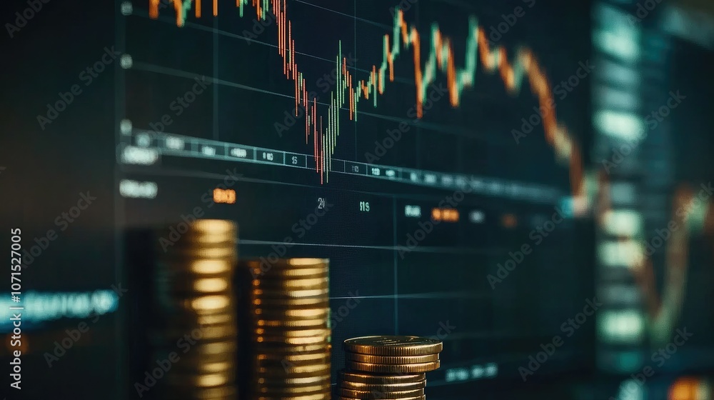 Poster close-up of a computer screen with stock price graph, coins stacked beside, representing investment 