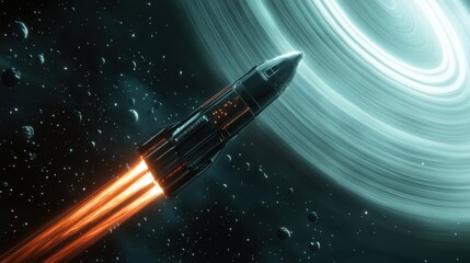 An advanced rocket flying past the icy rings of Uranus, with distant stars twinkling in the background and cosmic radiation glowing, interstellar travel, space exploration, planetary