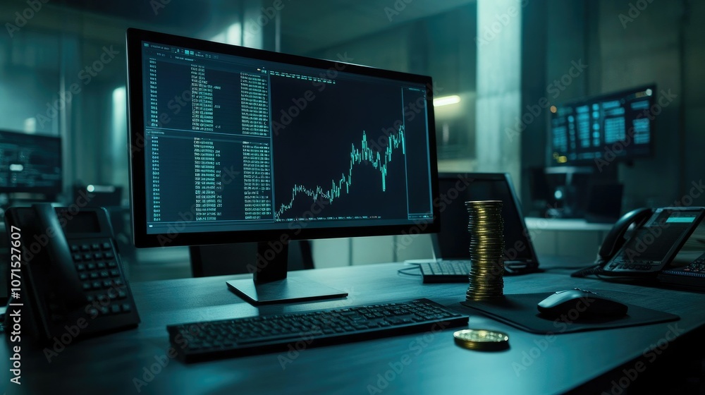 Poster computer screen with stock exchange graph and coin stack, representing profit and loss in financial 