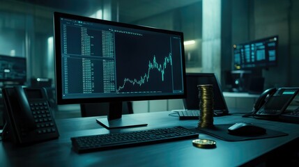 Naklejka premium Computer screen with stock exchange graph and coin stack, representing profit and loss in financial markets. Clean workspace setup.