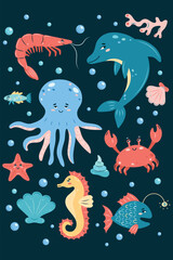 Obraz premium Sea Life Vertical poster on dark background. Set of sea animals. Characters in children's style. vector illustration.