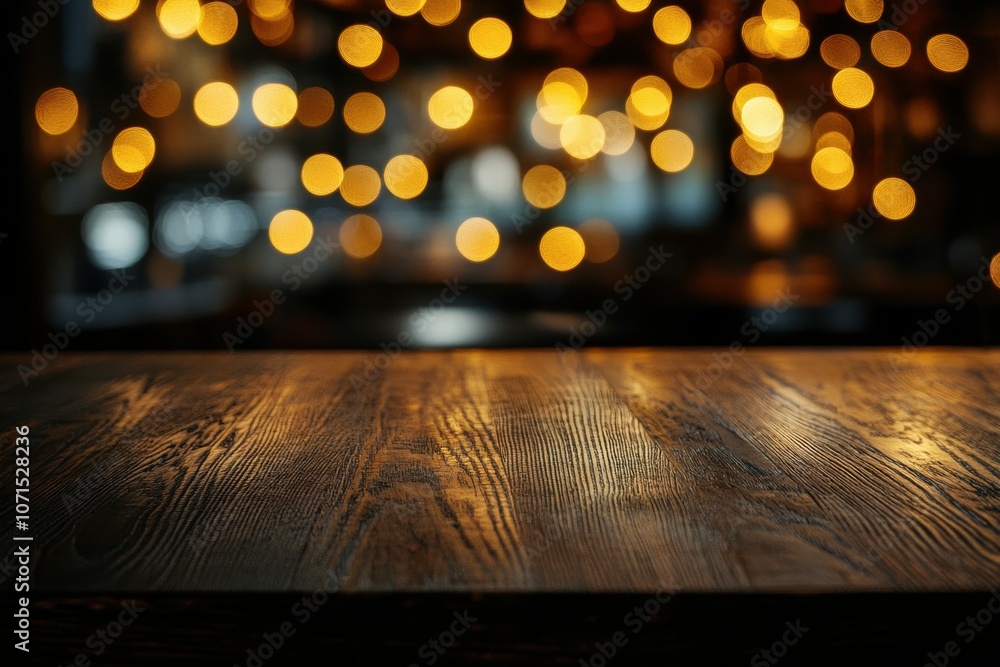 Poster dark walnut table with shimmering night party lights blurred in the background, adding a festive atm