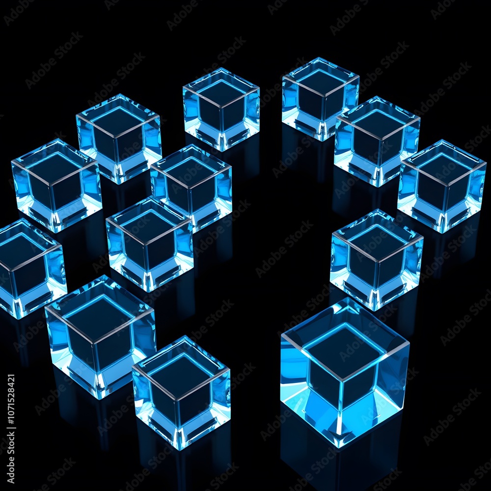 Poster stunning 3d render of blue glass cubes on a mysterious black background ideal for modern art and des