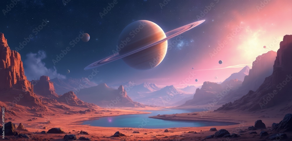 Wall mural a view of a planet with a lake in the middle of it