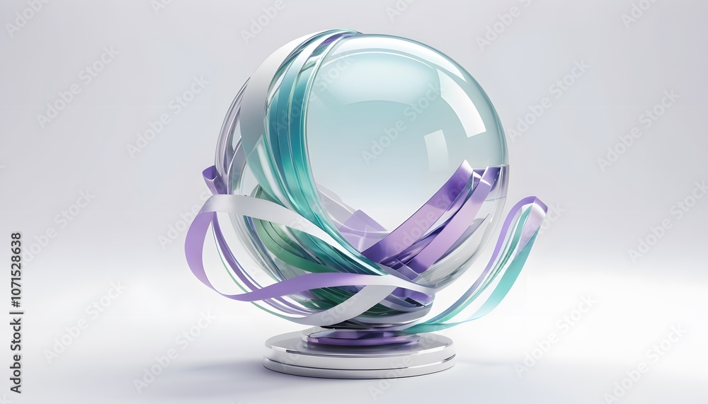 Poster a stunning 3d render showcasing an abstract futuristic element featuring a glass sphere surrounded b
