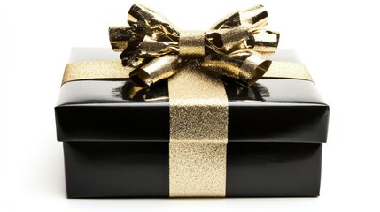 Elegant black gift box with gold bow, on blank background, offering ample copy space for festive messages.