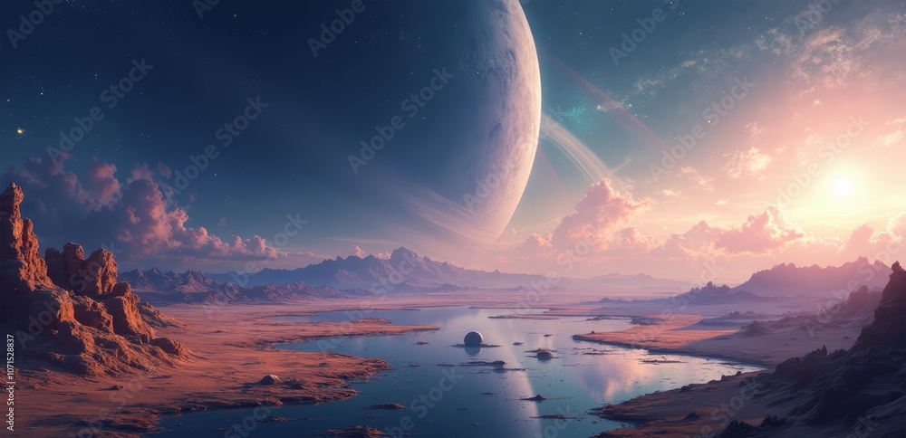 Wall mural a view of a planet with a lake in the middle of it