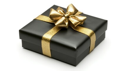 Elegant black gift box with gold bow, on blank background, offering ample copy space for festive messages.