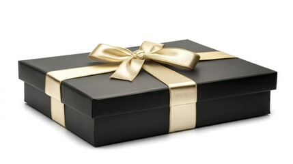Elegant black gift box with gold ribbon, centered with space for text, symbolizing luxury and celebration.