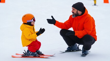 Naklejka premium Man and a child are on skis, with the man helping the child. The man is wearing an orange jacket and the child is wearing a yellow jacket. Scene is one of learning and bonding