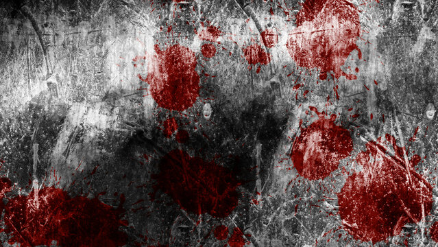Red blood splatters on textured gray surface.