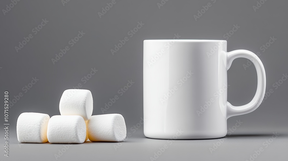 Poster white mug with marshmallows on top of it. the marshmallows are in a pile and the mug is empty