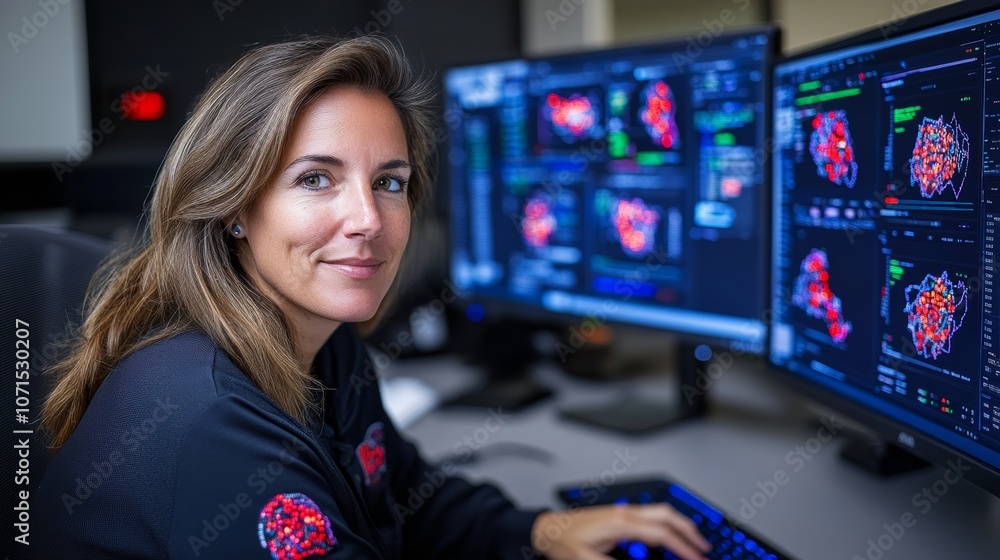 Aufkleber woman is sitting at a desk with two computer monitors in front of her. she is smiling and she is hap