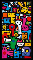 Obraz premium Abstract Illustration - Colorful Doodle Art with Playful Characters and Shapes