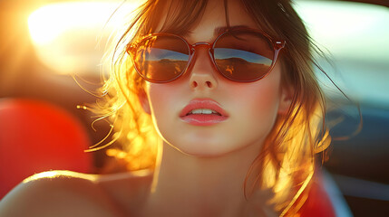 Fototapeta premium Woman with Sunglasses and Golden Hair in the Sunset - Realistic Image
