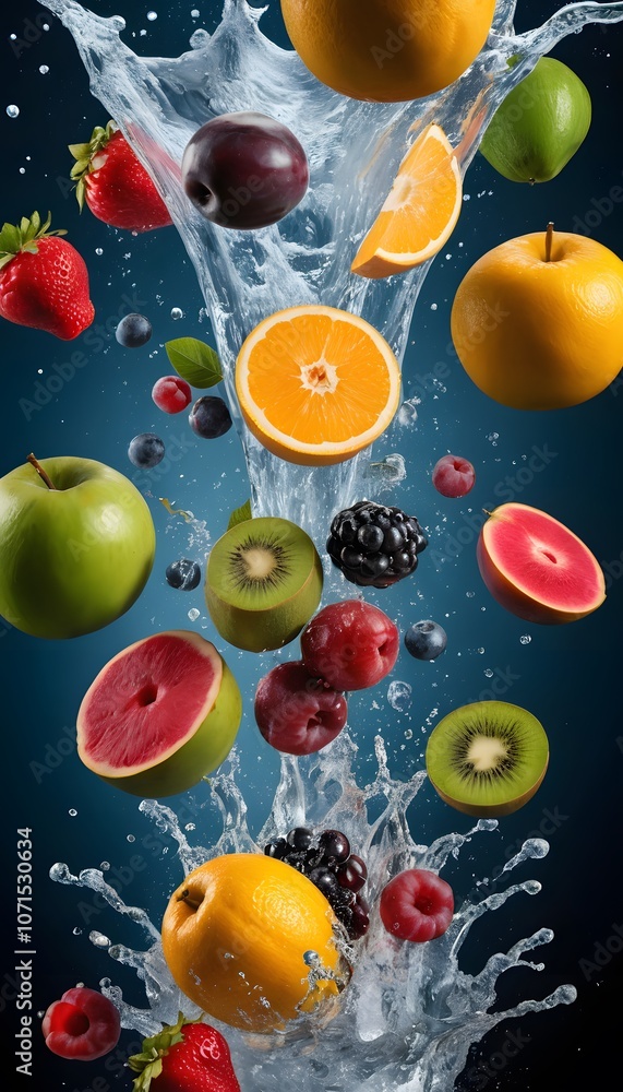Poster a stunning collection of various fruits captured in a dynamic water explosion, perfect for commercia