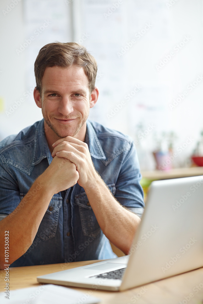 Leinwandbilder man, laptop and confident in office for portrait, tech support and internet problem solving. network
