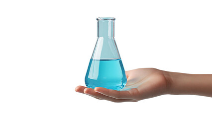 The hand holds a conical flask with blue liquid, emphasizing control, precision, and an experimental approach in a minimalist setting, set against a transparent background