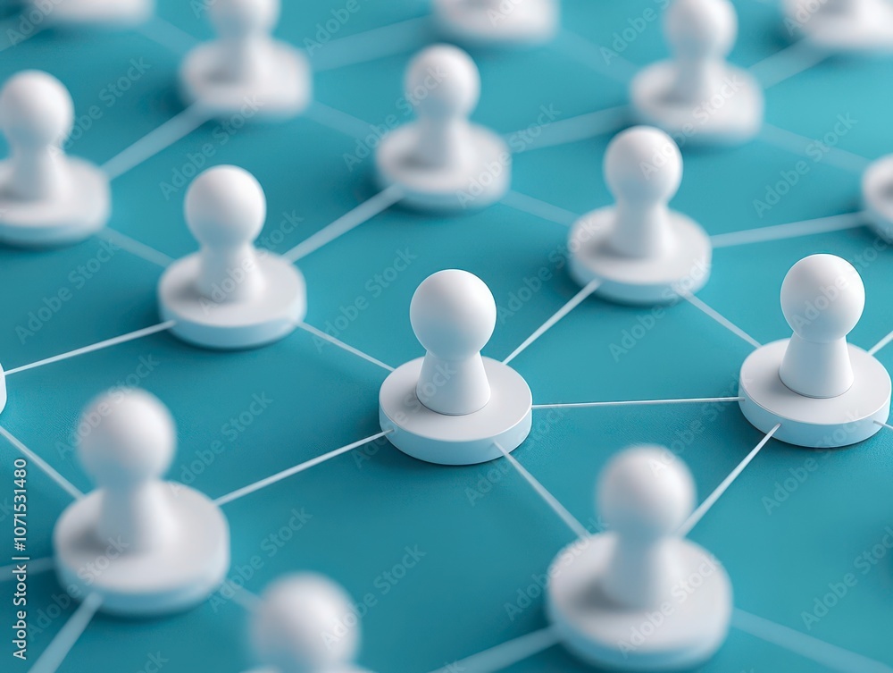 Poster a close-up of interconnected white game pieces on a blue background, symbolizing networking and rela