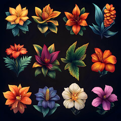 Obraz premium Illustration of Vibrant Tropical Flowers on Dark Background