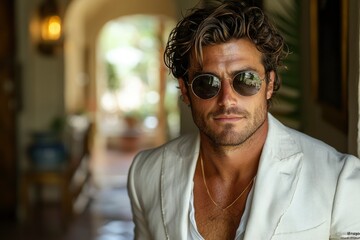 Fototapeta premium A Man in Sunglasses and a White Blazer Posing in a Hallway