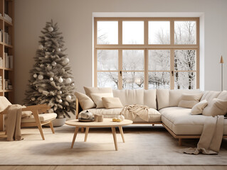 Fototapeta premium Simple minimalist Nordic and Scandinavian style living room in neutral colors with Christmas decor. Winter hygge concept. Living room in neutral and light colors with holiday decor.