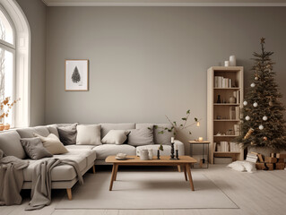 Simple minimalist Nordic and Scandinavian style living room in neutral colors with Christmas decor. Winter hygge concept. Living room in neutral and light colors with holiday decor.