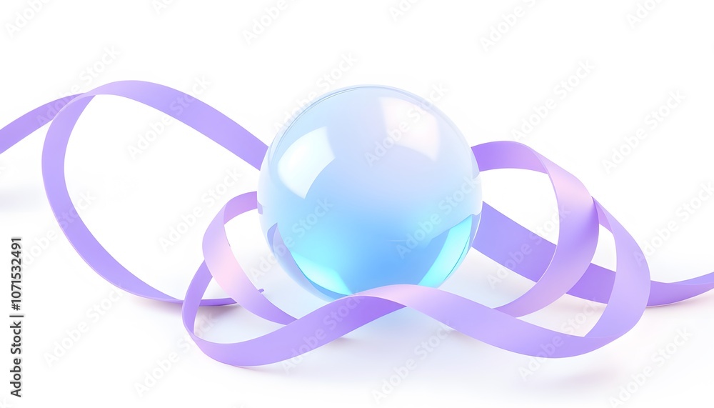 Poster 3D Render of Abstract Futuristic Element Featuring a Glass Sphere and Colorful Ribbons on a Soft White Background for Modern Design Projects