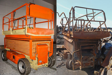 Collage of scissor lift before and after fire damage on a construction site.