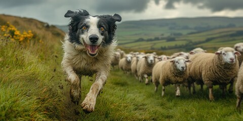 A black and white border collie runs towards the camera with a flock of sheep behind him.