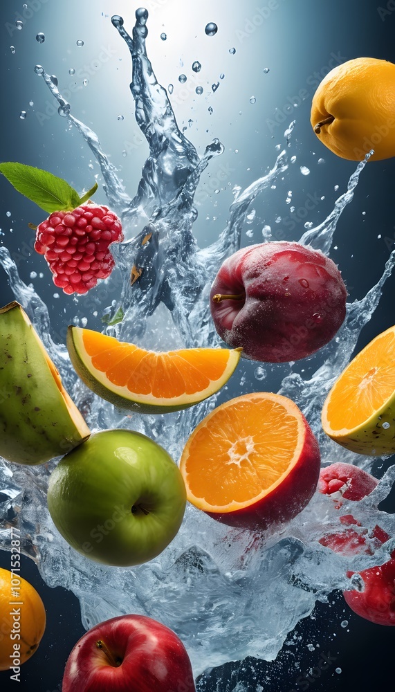Poster Vibrant Display of Various Fruits in a Water Explosion Creating a Stunning Visual Experience for Commercial Use