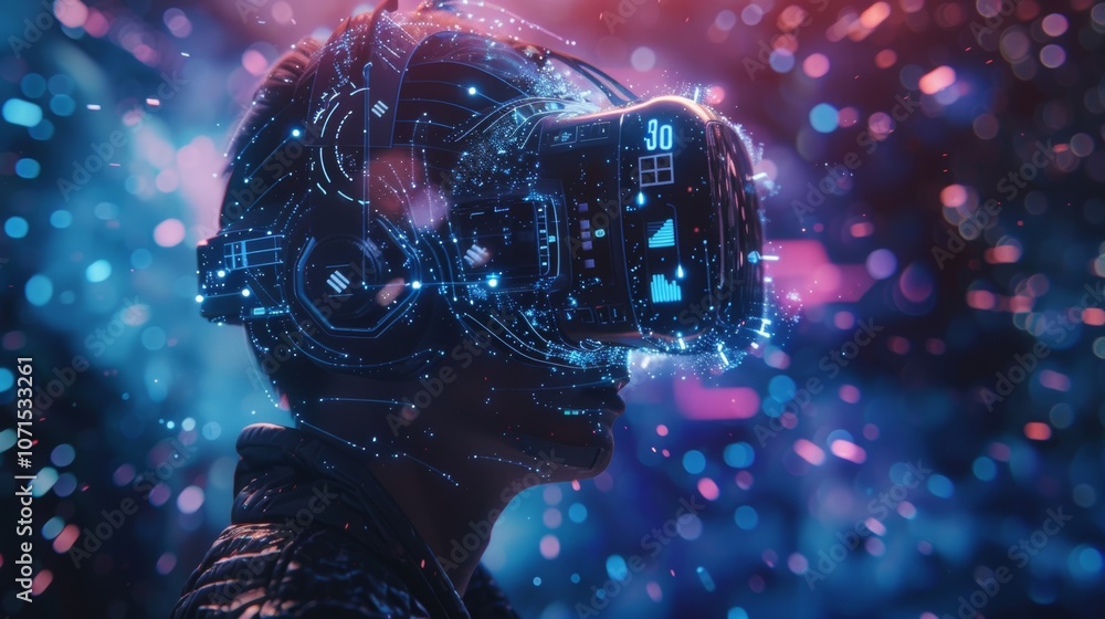 Poster a person wearing a futuristic headset with symbols and patterns representing the transfer of thought