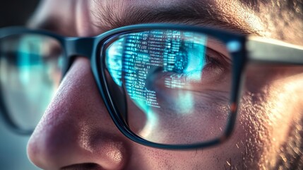 Data Reflecting on Eyeglasses on Man's Face. Computer