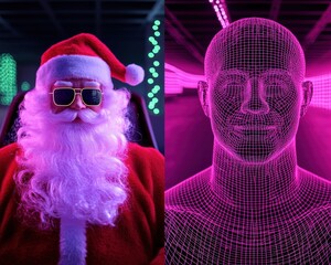 Santa Claus in sunglasses, wearing a Santa hat, sits in a futuristic chair, next to a wireframe human head, against a pink and green background.